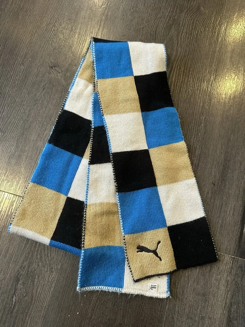 Puma scarf Blue Black Tan Block Pattern Winter Knit OSFM